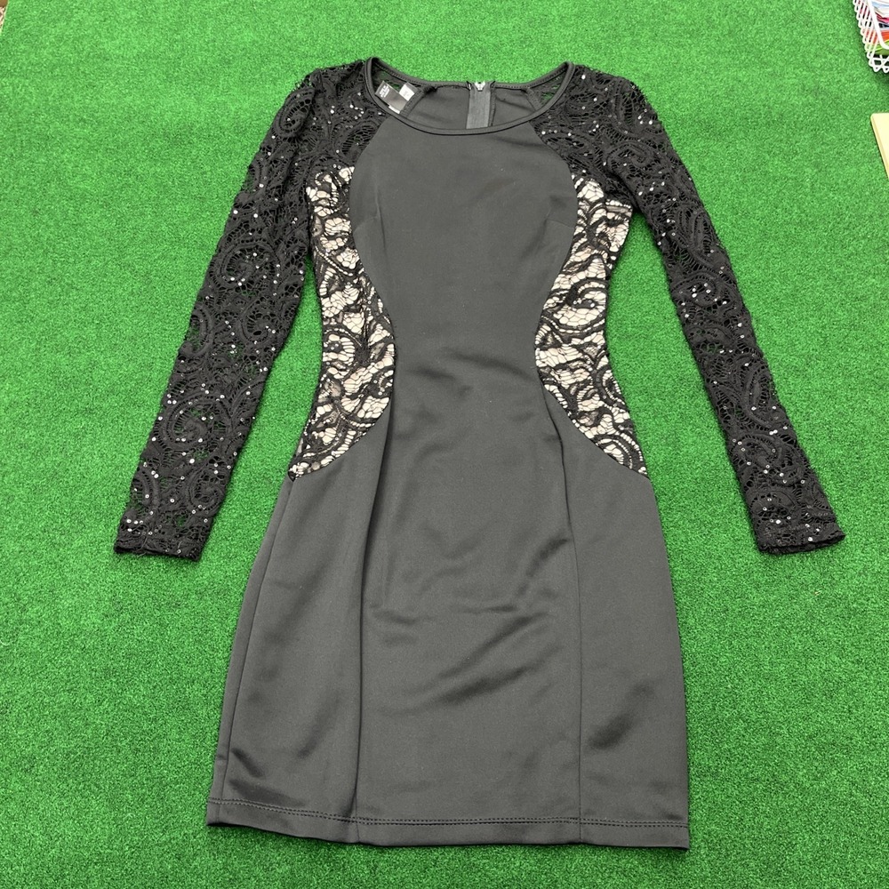BCX Black Sequin Crochet Lace Long Sleeve Mini Sheath Dress Womens Size 1